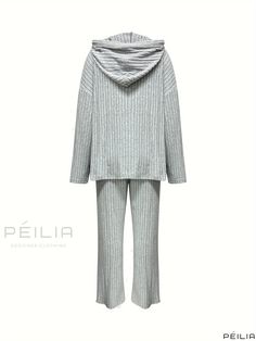 Peilia - Womens Casual Ribbed Two-Piece Set: Kangaroo Pocket Hoodie and Drawstring Pants Outfit for Contemporary Style Hooded Sweats With Ribbed Cuffs For Lounging, Gray Loungewear Outerwear With Drawstring Hood, Gray Hooded Sweats With Ribbed Cuffs, Loungewear Hoodie With Ribbed Cuffs, Cotton Hooded Loungewear Set, Gray Hooded Tracksuit With Ribbed Cuffs, Drawstring Pants Outfit, Plus Size Tankini, Coverup Skirt