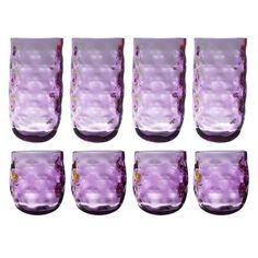 six purple glass tumblers sitting next to each other