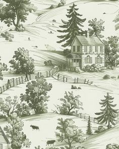 a drawing of a house in the country