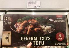 an advertisement for general tso's tofu on display in a grocery store