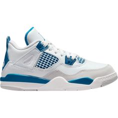 The 2024 Edition Of The Air Jordan 4 Retro Ps ‘Military Blue’ Brings Back An Og Colorway In A Scaled-Down Build Made For Little Kids. Constructed From Off-White Leather, The Upper Features Signature Aj4 Details, Including Quarter Panel Netting And Tpu Support Wings. A Vibrant Blue Jumpman Logo Graces The Woven Tongue Tag, Matching The Molded Eyelets And A Back Tab Marked With Nike Air Branding. A Two-Tone Foam Midsole Is Supported Underfoot By A Herringbone-Traction Rubber Outsole. * New Og All - Sku 1630 Cute Shoes For Men, Jordan 4s Blue, Blue And White Shoes, Jordan 4s, Jumpman Logo, Jordan Sneakers, Jordan 4 Retro, Air Jordan 4 Retro, Air Jordan 4