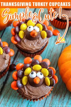 thanksgiving turkey cupcakes with chocolate frosting and candy eyes