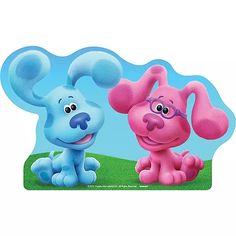 the pink dog and blue dog are standing next to each other