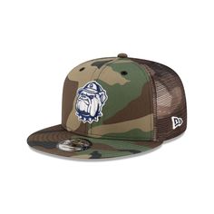 The Georgetown Hoyas Camo 9FIFTY Trucker Hat features an embroidered Hoyas logo at the front panels. Additional details include an alternate logo above a snapback closure at the rear and a beige undervisor. Camo Trucker Hat, Georgetown Hoyas, Military Style Camouflage Snapback Hat, Military Camouflage Trucker Hat For Sports, Camouflage Military Trucker Hat One Size, Military Style Camouflage Snapback Trucker Hat, Jersey Devil, Tampa Bay Lightning, New Jersey Devils