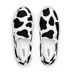 Our women's slip-on canvas shoes with a custom black and white cow print can really make an outfit come together.  Just imagine how cute they'd be with even a plain pair of blue or black or white jeans and t-shirt.  Talk about elevating your look!  Prepare to be noticed! Not only are these shoes adorable and stylish, but they were designed for comfort and ease of wear.  You won't have to suffer to look good!  They're equipped with removable insoles and rubber outsoles, and it's also easy to adjust them for a better fit. Yep!  These are sure to be a wardrobe favorite - which is what makes them such a great gift for you or someone really special! PLEASE NOTE:  A strong glue smell is expected upon the product's arrival. Allow the shoes to air out for a couple of days and the smell will disapp Black And White Cow Print, White Cow Print, Make An Outfit, Black And White Cow, Strong Glue, White Cow, Cow Print, Slip Ons, Canvas Shoes