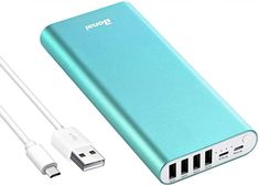 the power bank is plugged in to an external charger with two usb cables