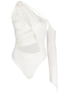 Guily 2.3 asymmetric bodysuit from MANURI featuring white, jersey knit, cut-out detailing, single shoulder strap, single long sleeve, detachable sleeves, press-stud fastening and asymmetric design. Just a reminder that this piece must be tried on over your own garments.. Off White Bodysuit, White Stretch One Shoulder Top For Night Out, Fitted One-shoulder Cutout Bodysuit, One Shoulder Fitted Cutout Bodysuit, Stretch Cutout Long Sleeve Bodysuit, Stretch Long Sleeve Cutout Bodysuit, Cutout Long Sleeve Stretch Bodysuit, White Elastane Bodysuit For Party, One-shoulder High Stretch Bodysuit For Party