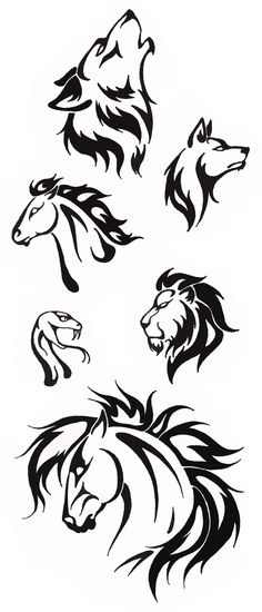 four black and white images of horses on a white background, each with different designs