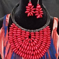 Nwot African Handmade Wood Necklace Set In Red Unique Red Necklace With Large Beads, Red Coral Beaded Necklace With Wooden Beads, Red Wooden Beads Jewelry For Gift, Red Wooden Beads Jewelry As A Gift, Red Wooden Beads Jewelry Gift, Wood Necklace, African Jewelry, Handmade Wood, Lady In Red