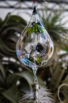 a glass ornament hanging from a plant