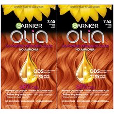 PRICES MAY VARY. Oil powered with no ammonia permanent hair color Olia shade 7.45 Dark Fire Ruby is an intense copper shade with mahogany reflects that provides 100% gray coverage to achieve vivid, radiant long lasting color for all hair textures Best for anyone with natural hair between medium blonde and medium brown Ammonia free permanent hair color made with a 60% oil blend with natural flower oils to help reverse roughness and dullness to deliver brilliant color and visibly healthier hair th Copper Hair Dye, Orange Hair Dye, Garnier Hair Color, Ammonia Free Hair Color, Garnier Olia, Multicolor Hair, Color Conditioner, Brown Hair Dye, Dyed Red Hair