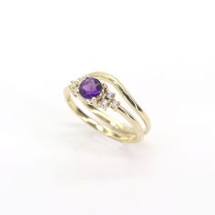 14k Amethyst Diamond Ring Set | 5.0MM Natural Amethyst Ring Set | Amethyst Engagement Ring Set | February Birthstone Ring | 14k Ring Set | Handmade Jewelry P R O D U C T 𝄪 D E T A I L S ENGAGEMENT RING:  ✽ Metal: 14k Yellow Gold, White Gold & Rose Gold ✽ Bottom Band Width: 1.5 MM ✽ Stone Size: Natural Amethyst 5.0 MM x 1pc (approx. 0.5ct) / Natural Diamond 1.5 MM x 6pcs (approx. 0.08ct) ✽ Diamond Color: G ✽ Diamond Clarity: VS2-SI1 ✽ Made to Order WEDDING BAND:  ✽ Metal: 14k Yellow Gold, White Yellow Gold Amethyst Diamond Ring With Accent Stones, 14k Gold Purple Diamond Ring, Wedding Amethyst Ring In Polished Yellow Gold, Wedding Amethyst Ring With Polished Yellow Gold Finish, Heirloom Yellow Gold Amethyst Birthstone Ring, Wedding Yellow Gold Amethyst Ring With Polished Finish, Fine Jewelry 14k Gold Purple Diamond Ring, 14k Gold Purple Sapphire Ring With Accent Stones, Purple Birthstone Ring With Center Stone In 14k Gold