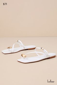 The Schutz Elysa White Leather Strappy Slide Flat Sandals are perfect for the beach, the streets, and all adventures that involve looking cute! Smooth genuine leather shapes these cute flat sandals that boast a trendy square footbed, a toe loop adorned with an oversized oblong metal accent, and a slender, asymmetrical vamp strap. An additional adjustable vamp strap secures with a dainty gold buckle. 0. 25" rubber heel. Smooth insole. Genuine leather sole has nonskid markings. Genuine leather upp Cute Flat Sandals, Resort Wear Beach, Cute Flats, Sandal Heels, Rubber Heels, Metallic Accents, Women's Summer Fashion, Strappy Sandals, Resort Wear