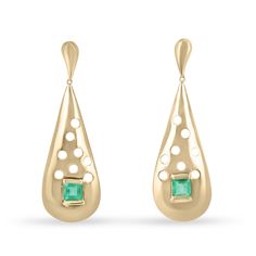 A sumptuous 3.76-carat pair of square-cut rich green Colombian emeralds and gold stud drop earrings. Handcrafted in our shop with solid high quality 14K yellow gold, each earring features an incredible emerald cut stone. These fine emeralds are handset in a secure golden half bezel. Goldwork accents the earrings from top to bottom. The emeralds are natural with good eye clarity and display beautiful medium green color. Large butterfly backs make sure the earrings are comfortable and stay in plac Elegant Green Earrings With Polished Finish, Elegant Green Polished Earrings, Modern Emerald Gemstone Earrings, Luxury Emerald Earrings For May Birthstone, Elegant Rectangular Emerald Earrings For May Birthstone, Luxury May Birthstone Earrings For Formal Occasions, Elegant Rectangular May Birthstone Earrings, Luxury 14k Gold Earrings For May Birthstone, Polished Green Jewelry For Evening