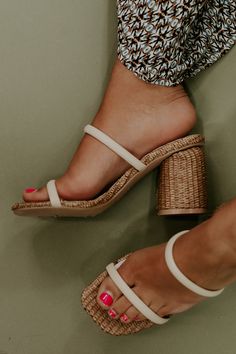 The Alaia Strappy Raffia Heel features a rattan block heel detail, and slip on style design. - Strap across toes- Slip on fit- 2.5in heel height Size & Fit Fits true to size and feel so comfortable! !This item is a part of our Vacay Vibes Collection. This collection is saturated with an inviting tropical inspired aesthetic, met with fully styled looks centered around a vivid color palette. This collection features intricate whimsical blouses, elevating floral prints, timeless accessories, and th Shoe Poses, Spring Summer Shoes, Vacay Vibes, Honeymoon Outfits, Inspired Aesthetic, Floral Heels, Trending Sandals, Vip Group, Fancy Shoes