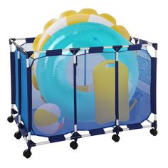 an inflatable swimming pool with blue and yellow floats on wheels is set against a white background