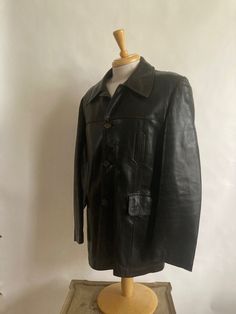 "!970s soft & supple brown leather three button leather jacket with two deep patch pockets with flap at the hip and two leather lined inside chest pockets. Jacket is in excellent condition and fully lined in nylon.  Made in France and labeled a size 42 Shoulders 19\" across Chest 42\" (21\" across, doubled) Waist 42\" Length from back of neck to hem 29.5\" Arm Length from neck to cuff 32\"" Vintage Leather Outerwear With Button Closure, Vintage Brown Leather Jacket With Flap Pockets, Business Brown Leather Jacket With Flap Pockets, Brown Leather Jacket With Flap Pockets For Business, Vintage Brown Outerwear With Double Button Closure, Vintage Leather Business Jacket, Vintage Leather Jacket For Business, Vintage Single-breasted Leather Outerwear, Vintage Outerwear With Leather Lining For Work