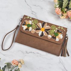 Handmade Brown Handheld Clutch, Brown Embroidered Clutch Bag, Handmade Brown Clutch, Beige Embroidered Clutch, Brown Clutch Mobile Phone Bag, Brown Handheld Clutch With Mobile Phone Bag, Brown Embroidered Rectangular Clutch, Embroidered Wallets For Daily Use, Bohemian Handheld Clutch For Everyday Use