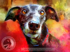 a painting of a dog looking at the camera with an orange and yellow background behind it