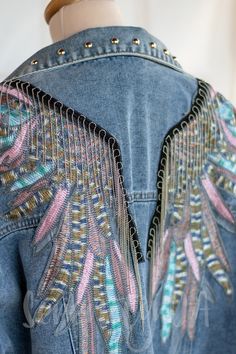 Wings Denim Jacket, Embroidered Vintage Jean Jacket Boho Style Blue Top - Etsy Vintage Jean Jacket, Long Sleeve Coat, Denim Crafts, Womens Jackets, Long Sleeves Coats, Denim Jacket Women, Beaded Tassels, Blue Top, Jacket Women