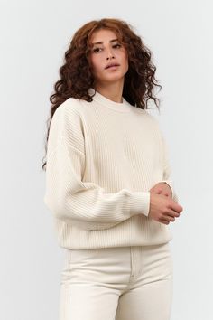 Demylee Konan Sweater in Natural Oversized Ribbed Crew Neck Cropped Sweater, Oversized Ribbed Cropped Sweater With Crew Neck, Classic Oversized Ribbed Sweater, Classic Ribbed Sweater For Everyday, Classic Ribbed Everyday Sweater, Knit Cropped Sweater With Ribbed Collar, Oversized Crew Neck Knit Top With Ribbed Cuffs, Everyday Crew Neck Sweater With Ribbed Neckline, Ribbed Crew Neck Relaxed Fit Knit Top