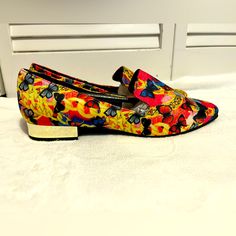 Cute Pair Of Multi Color Butterfly Print Slip On Loafers With A 3/4” Gold Heel They Are A Ladies Size 7 These Are As Comfortable As They Are Cute And Come Brand New But No Longer Have The Box Multicolor Flat Slip-ons, Summer Slip-on Low-top Loafers, Casual Multicolor Loafers For Spring, Casual Multicolor Slip-on Loafers, Multicolor Flat Heel Loafers For Spring, Spring Slip-on Low-top Loafers, Summer Party Loafers With Round Toe, Summer Multicolor Slip-on Loafers, Summer Slip-on Low Heel Loafers