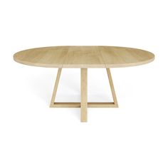 an oval wooden table with two intersecting legs and a circular shaped top, on a white background