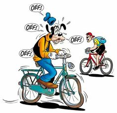 a man riding on the back of a bike next to another person wearing a mickey mouse hat