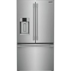 a stainless steel refrigerator freezer with water dispenser and ice maker on the door