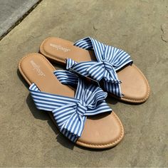 White And Blue Striped Sandals Nwt, New With Tags, Never Worn, Size 7/8 Blue And White Ribbon Style Straps West Loop Brand Flat Sole Casual, Party, Spring, Summer, Beach, Vacation, Relaxation, Lounge Message Me With Questions Blue Flip Flops For Beach In Spring, Casual Blue Sandals For Summer, Blue Flat Sandals For Summer, Blue Sandals With Cushioned Footbed For Beach Season, Blue Flat Heel Casual Sandals, Casual Blue Sandals With Flat Heel, Blue Flip Flops For Spring Vacation, Blue Flat Sandals For Beach Season, Blue Summer Slides For Beach Season