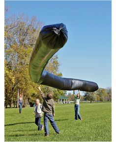 people are flying a large kite in the park