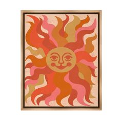 an orange and yellow sun with red flames on it's face in a square frame