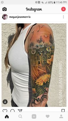 a woman with a sunflower sleeve tattoo on her left arm, and the words instagram