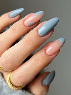 24pcs Short Almond Pale Blue French Fake Nail False Nails Press On Nails Glue On Casual Nails, Her Nails, Makijaż Smokey Eye, Elegant Nails, Chic Nails, Nail Arts, Short Acrylic Nails, Cute Acrylic Nails, Acrylic Nail Designs