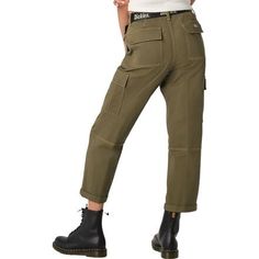 Our womens cargo pants are made for everyday style with a casual cropped, rolled hem and comfortable relaxed fit. They have contrast stitching, a cargo pocket on each pant leg, and a high rise that pairs easily with crop tops. Utility Style Cropped Leg Pants With Pockets, Utility Cropped Leg Pants With Pockets, Military Style Cargo Bottoms With Relaxed Fit, Relaxed Fit Military Cargo Bottoms, Utility Cropped Leg Bottoms With Cargo Pockets, Fall Utility Mid-rise Cargo Pants, Trendy Relaxed Fit Khaki Cargo Jeans, Spring Utility Cropped Leg Cargo Pants, Casual Cropped Leg Cargo Jeans