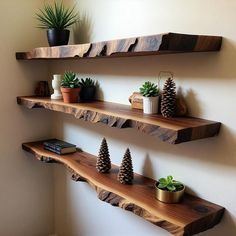 three wooden shelves with pine cones and succulents on them in a corner