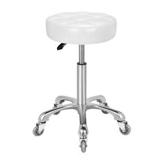 a white leather stool with wheels on an aluminum base and casteors, viewed from the front