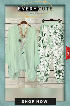 Chic Plant Print V-neck Two Piece Set Casual V-neck Summer Set, Bohemian V-neck Sets For Spring, Casual Fall Vacation Sets, Green V-neck Loungewear Set, Casual V-neck Sets For Spring, Green V-neck Spring Sets, Spring Green V-neck Sets, Bohemian V-neck Spring Sets, Boutique Sales