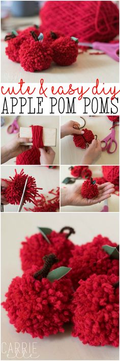 crochet apple pom poms with instructions to make them