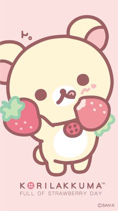 a cartoon bear holding two donuts in its paws and eating it with the caption korika kuma full of strawberry day