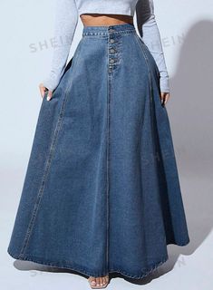 High-waisted Non-stretch Skirt With Button Closure, Non-stretch High-waisted Skirt With Button Closure, Non-stretch High Waist Denim Skirt With Button Closure, High Waist Denim Blue Skirt With Button Closure, Non-stretch Denim Skirt With Button Closure, Denim Blue High Waist Skirt With Button Closure, High Waist Dark Wash Skirt With Buttons, High-waist Dark Wash Skirt With Buttons, High Waist Dark Wash Buttoned Denim Skirt