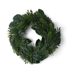 a wreath with green leaves and greenery