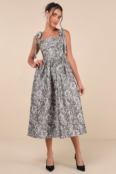 You'll stun no matter the event in the Lulus Successfully Chic Grey Jacquard Pleated Tie-Strap Midi Dress! Lightweight woven fabric, with a raised, black and grey two-tone floral jacquard design throughout, shapes tying straps that support a bustier-style bodice with a pleated bust and a straight neckline with hidden no-slip strips. Fitted waist tops a gathered skirt that finishes at a midi hem. Hidden zipper/clasp and smocked panel at back. Fit: This garment fits true to size. Length: Mid-calf Bustier Midi Dress, Casual Formal Dresses, Dress With Pleats, Boho Midi Dress, Jacquard Design, Lulu Fashion, Casual Wedding Dress, Straight Neckline, Floral Jacquard