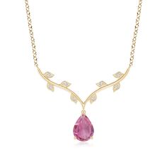 This charming nature inspired pendant is designed in 14k yellow gold. The pear-shaped pink tourmaline is accompanied with shimmering diamonds that are pave-set on the leaf motifs. Pink Tourmaline Necklace, Pink Tourmaline Jewelry, Tourmaline Pendant, Tourmaline Jewelry, Tourmaline Necklace, The Leaf, Perfect Pink, Fancy Diamonds, Pink Gemstones