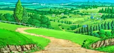 a painting of a dirt road going through a lush green countryside