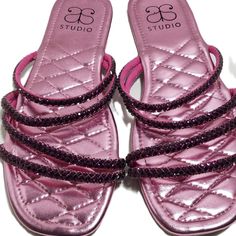 Beautiful Studio Rhinestone Embellished Sandals, Size 7. Pink With Purple Sequin Straps. New Sandals Never Worn And No Missing Rhinestones Pink Flat Sandals With Rhinestones, Purple Flat Sandals For Party, Embellished Sandals, Women's Shoes Sandals, Pink Purple, Shoes Sandals, Sequin, Size 7, Women Shoes