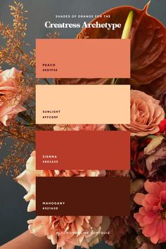 the color palette is peach, brown and pink with flowers in it for an elegant touch