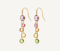 These colorful 2 strand drop earrings celebrate the designer's love of original color combinations: the jewels mount a selection of multicolored gemstones, carefully selected for their intensity and purity, embellished with an 18K yellow gold ring finely hand-engraved using an ancient Florentine technique. 18k Yellow Gold Ring, Yellow Gold Ring, High Jewelry, Hand Engraving, Yellow Gold Rings, Semi Precious Gemstones, Jewelry Branding, Shades Of Blue, Colored Diamonds