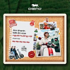 an advertisement for a motor scooter is displayed on a cork board with photos