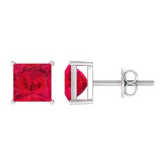 Princess Cut Created Ruby Solitaire Stud Earrings in Gold Lab Created Ruby - ( AAAA ) - Quality - Rosec Jewels Solitaire Earrings, Solitaire Studs, Ruby Earrings, Type 4, Princess Cut, Prong Setting, Elegant Design, Screw, Jewelry Collection